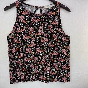 Loft Tank Top Sz M Black multicolor flowers back keyhole gold button